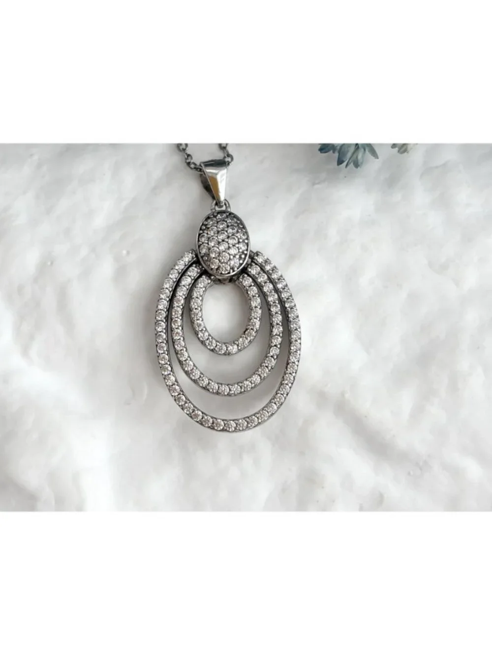 Triple Oval Sterling Silver Pave Bridal 925 Vintage Pendant Necklace - 18